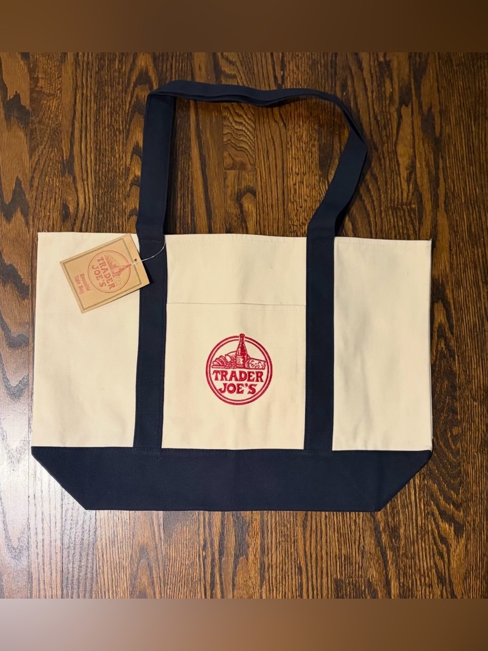TRADER JOE'S LARGE CANVAS BAG HEAVY COTTON REUSABLE SHOPPING BAG LARGE NAVY BLUE
